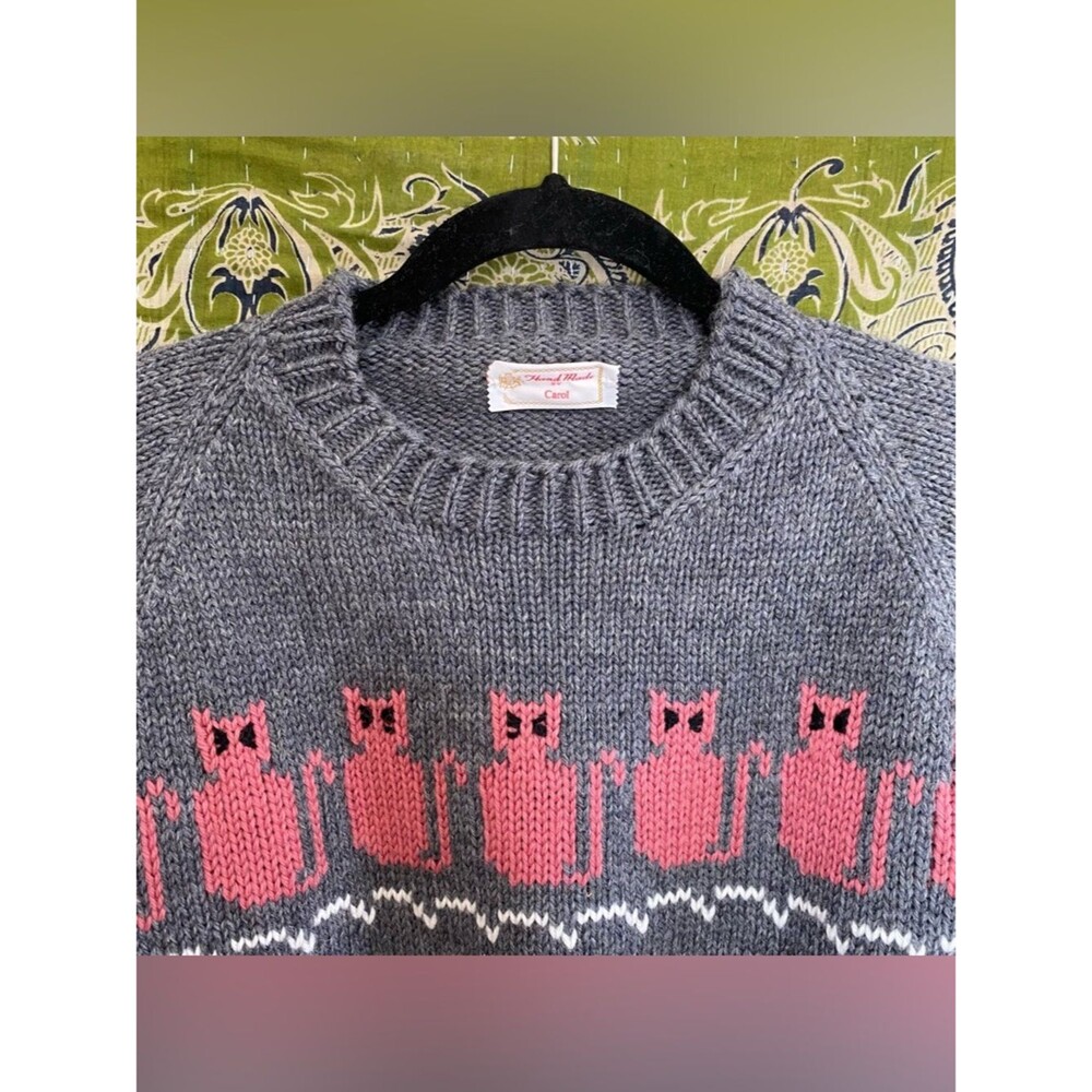 Handmade by Carol Gray/ Pink 100% Wool Cat Knit Sweater Size Small Teachercore - Picture 2 of 13